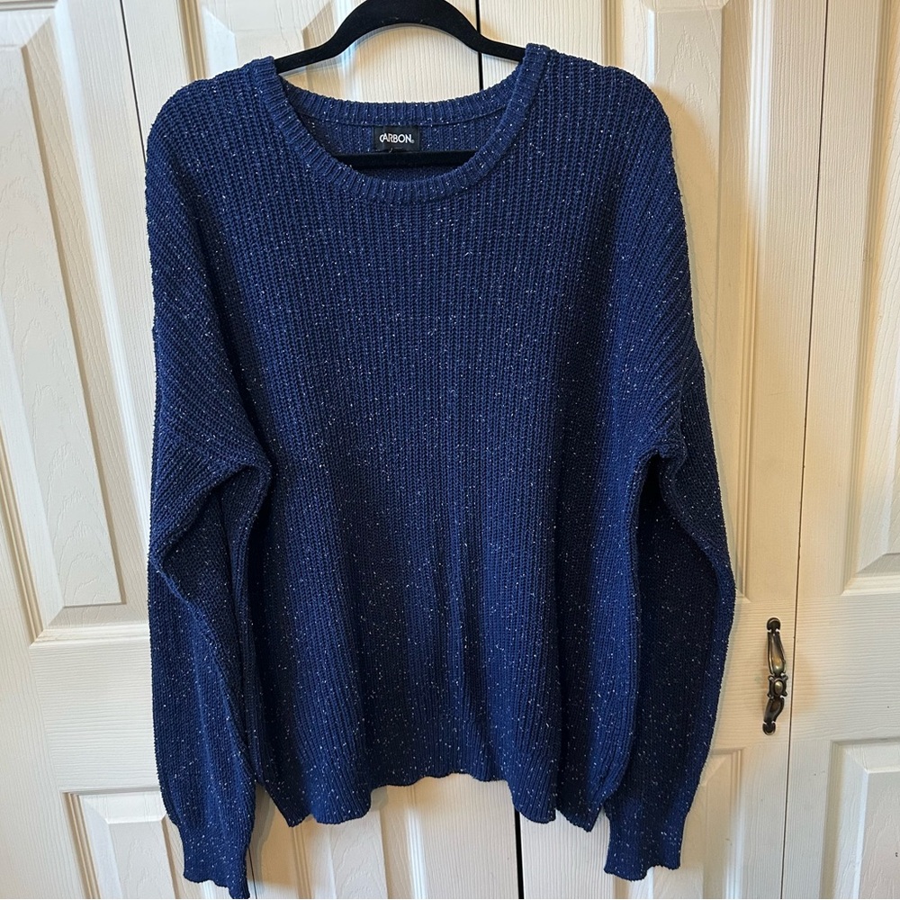 Carbon Jumper Ribbed Knit Crewneck Pullover Sweater Navy Blue White Mens Size L